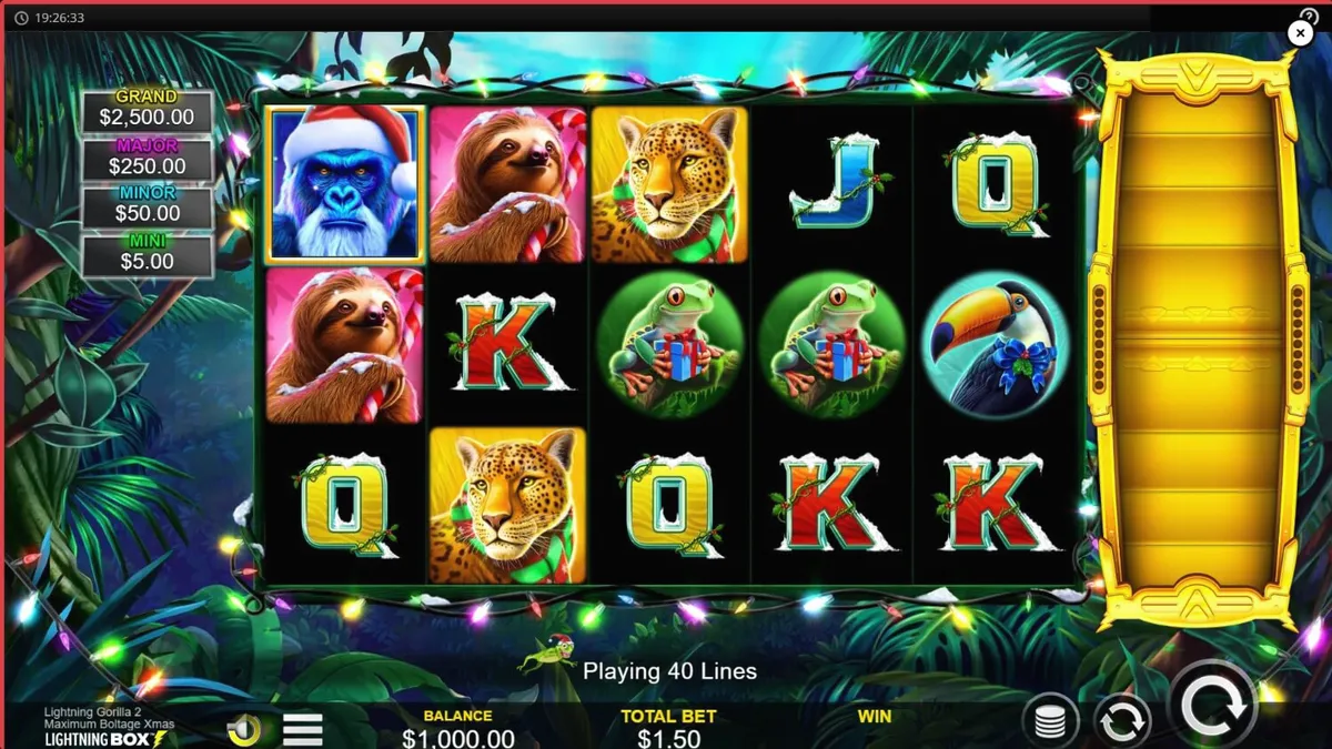 Lightning Gorilla 2 Xmas slot gameplay featuring festive jungle theme