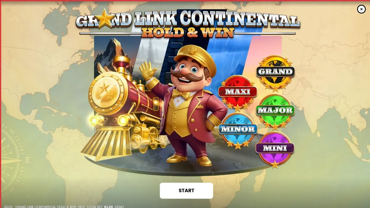 Tampilan visual slot Grand Link Continental: Hold & Win dengan tema kereta api mewah