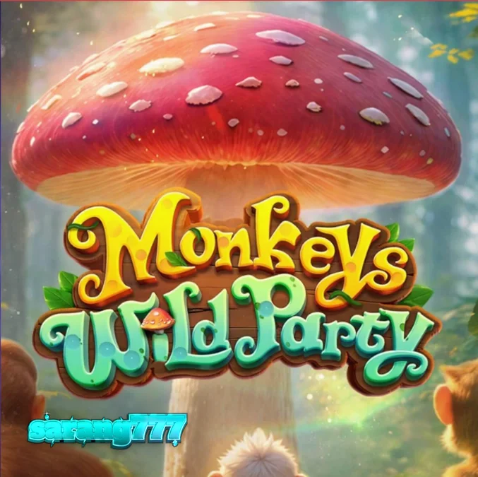 Tampilan visual permainan slot Monkeys Wild Party dengan tema hutan dan monyet.